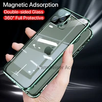luxury classic square metal bumper magnetic case on for iphone 12 11 pro max x xr xs max double sided glass 360 protective cover