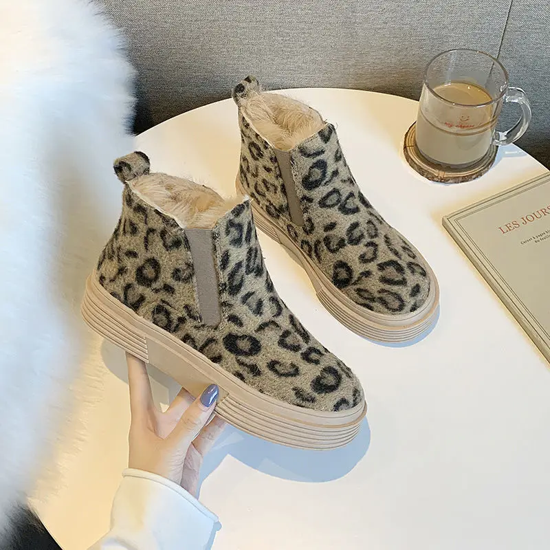 

Shoes Woman Martin Boots Winter Cotton-padded Shoes with Velvet Leopord Pattern High Shoes Luxury Warm Plush Velvet Sexy Fashion
