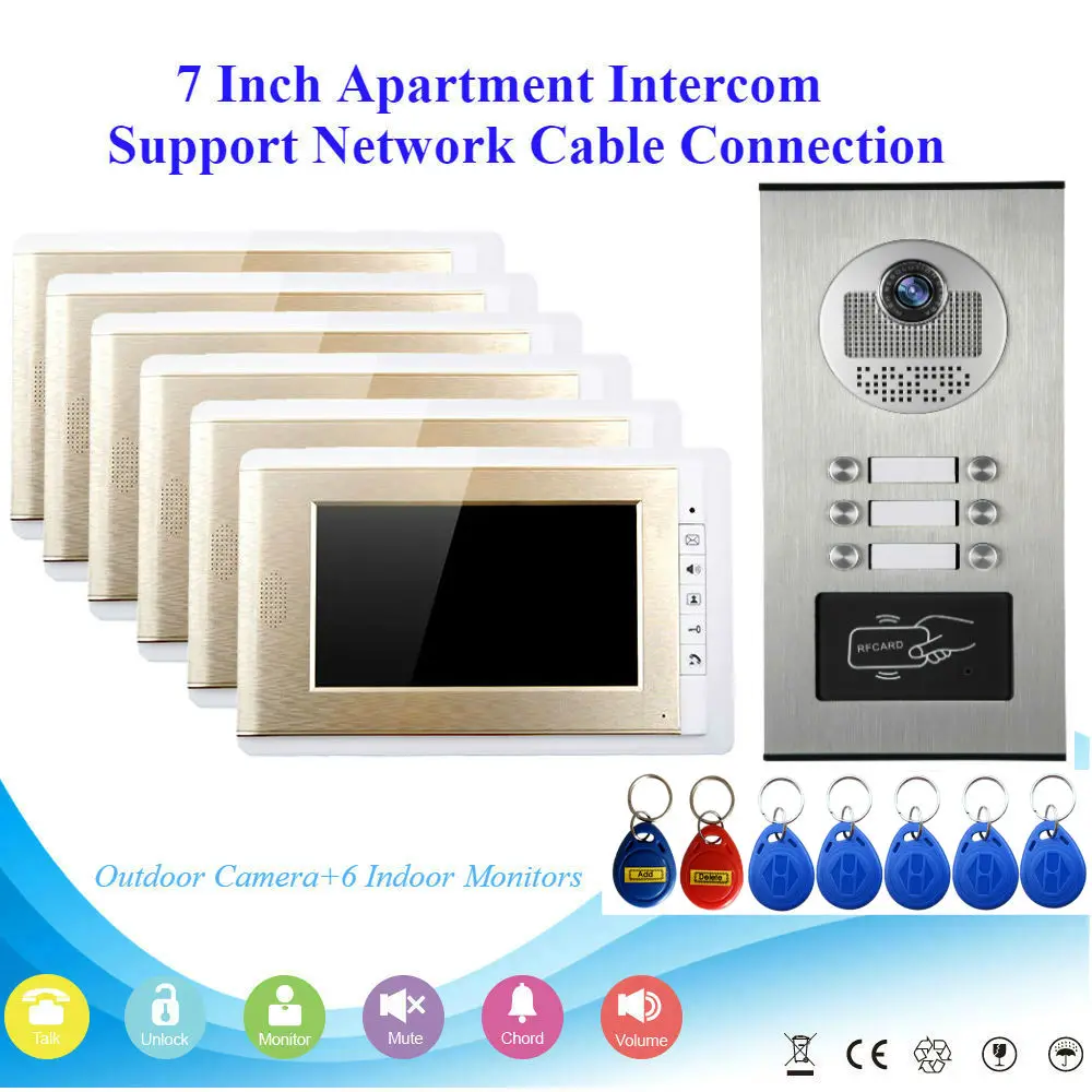 

7" Apartment Wired Video Interphone Audio Intercom Door Bell Video Deurbel Intercom Door System For 6 Units Rooms