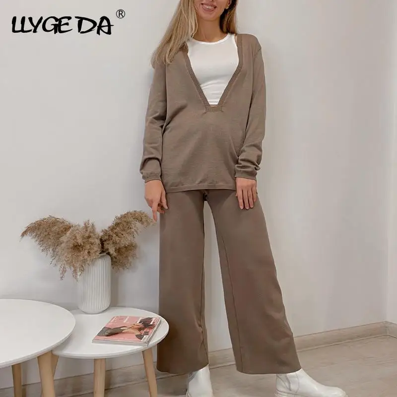 

Knitted Warm Suit For Women Solid Straight Pants Oversize U-neck Pocket Loose Set Woman 2 Pieces 2021 Winter Female Lazy Casual