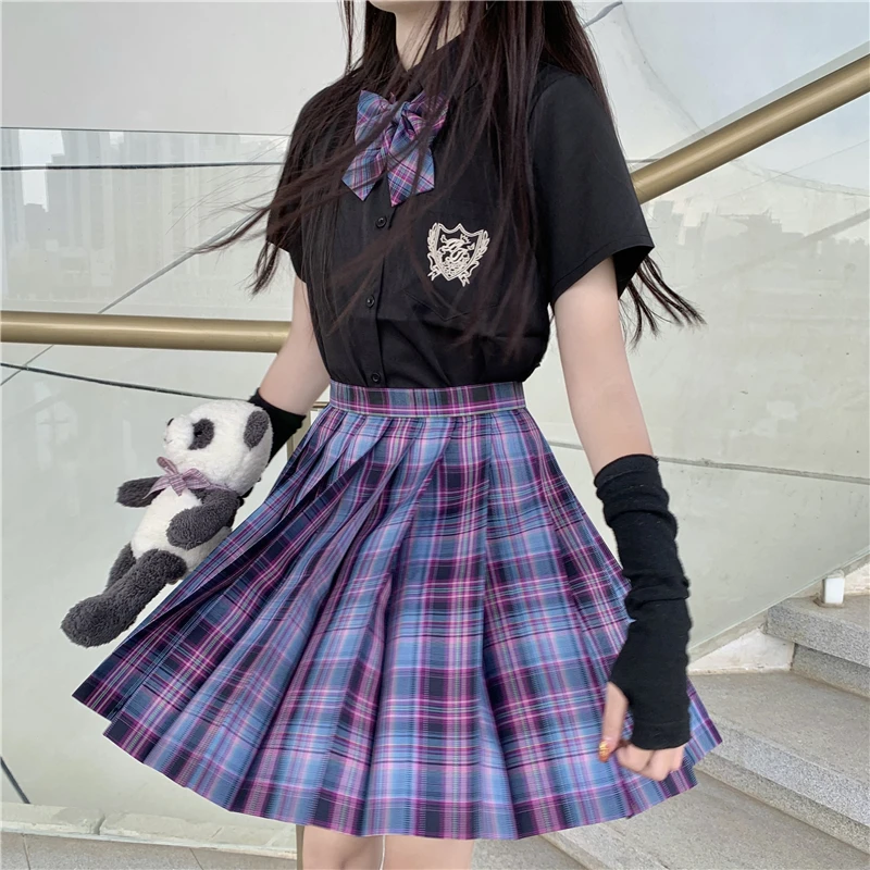 

Harajuku Japanese Suit Plaid High Waist Skirt Button Short Sleeve Shirt School Uniform Kawaii Three-Piece Women Suits & Sets