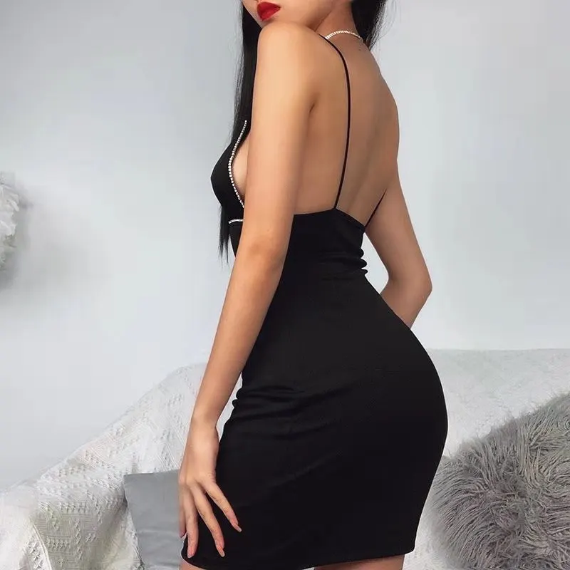 

2021 spring and summer European and American style deep V sexy hip skirt female ins slim slim fashion hot drilling sling dress