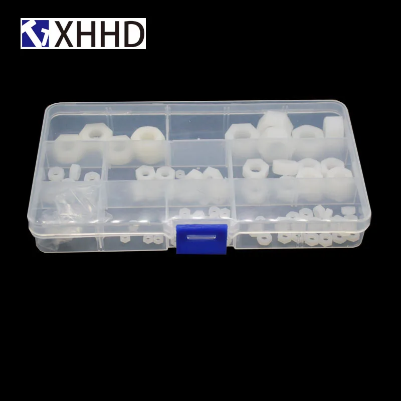 Белый нейлон Шестигранная гайка Ассортимент Комплект Коробка образца M2 M2.5 M3 M4 m5 m6