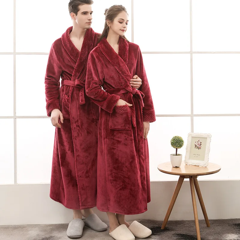 

Autumn And Winter Novelty Flannel Couple Nightgown Men And Women Babe Velvet Stitching Thickening Lengthened Bathrobe Nighties