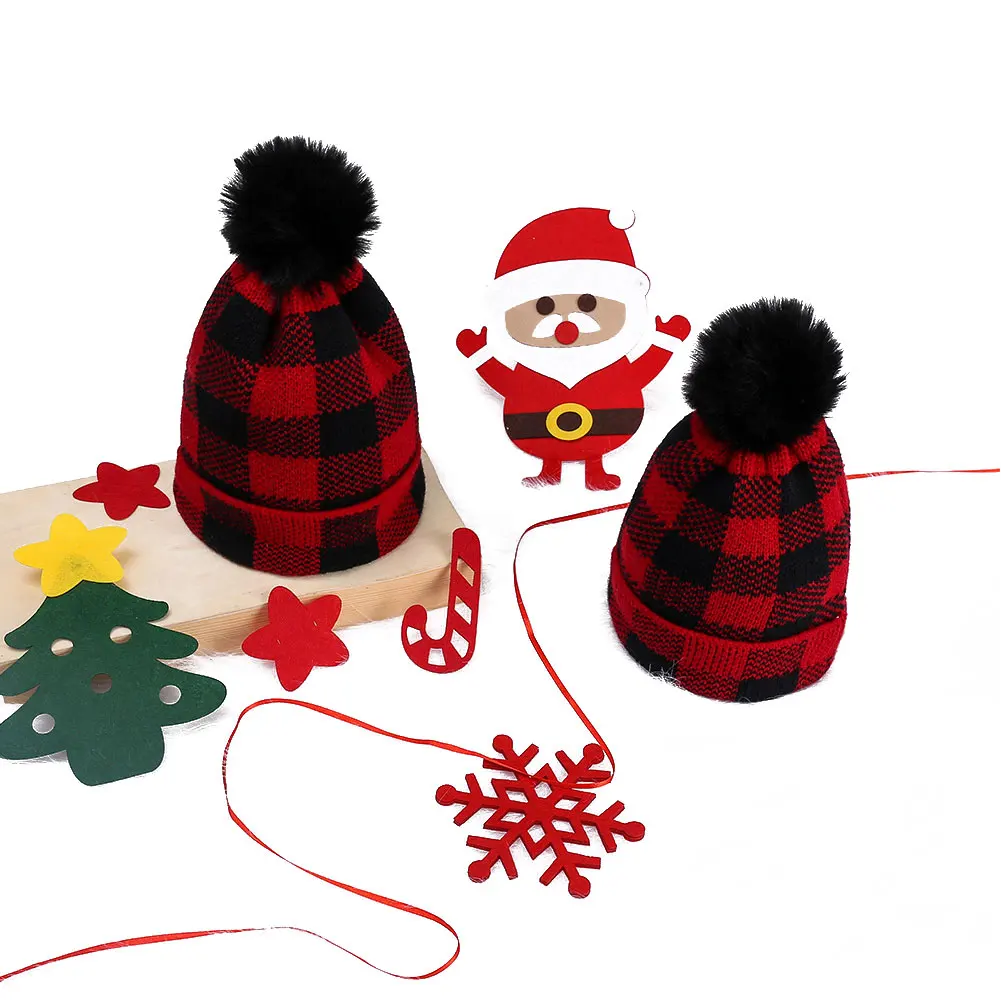 Christmas Warm Winter Cap for Adults Kids with Small Balls Mom Knitted Hats New Fashion Red Plaid Print Woolen Yarn Caps | Детская