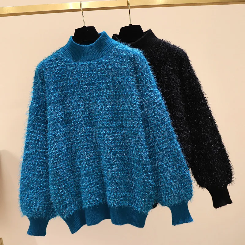 

Women's Big Size Half High Neck Thick Knitted Pullover Sweater Tops 2020 Autumn Winter Lantern Sleeve Loose Jumper Pull Femme
