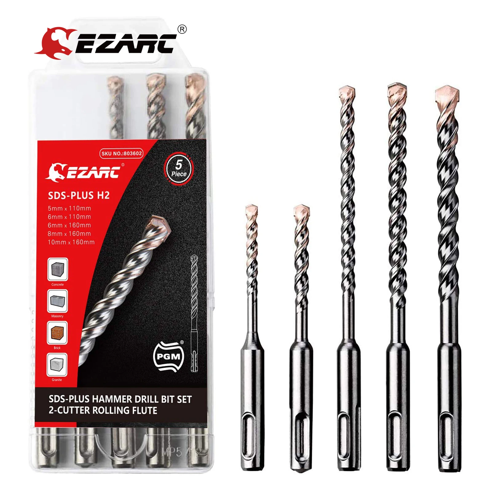 

EZARC PGM Concrete Drill Bit Set 5PC SDS-Plus 2/4-Cutter Carbide Tips for Reinforced Concrete, Masonry, Marble, Brick and Tile