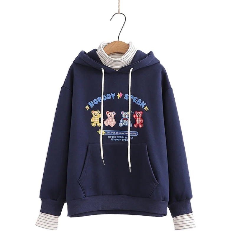 New Harajuku Cartoon Embroidery Loose Casual Fake Two Piece Hoodies Fashion Hooded Plus Velvet Sweatshirt Women Pullover 22226