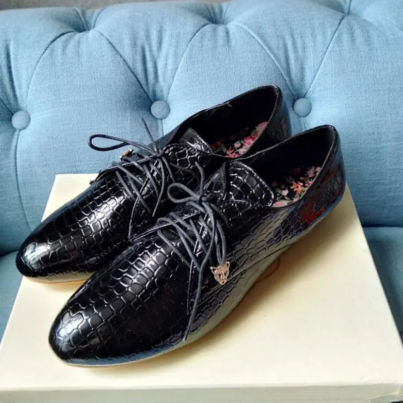 

43 44 Alligator Pattern Women Oxford Flats Autumn Spring Brogue Leather Full Black Office Female Derby Shoes Ladies