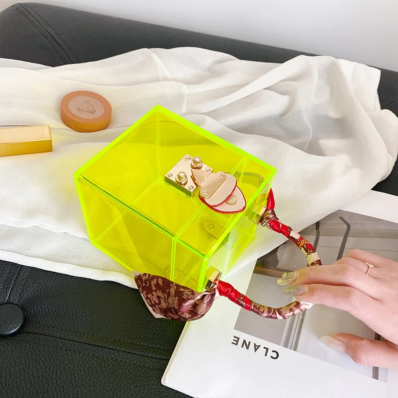 New 2021 Trend Transparent Clear Jelly Acrylic Box Handbag For Women Elegant Evening Party Clutch Purse with Scarves Female