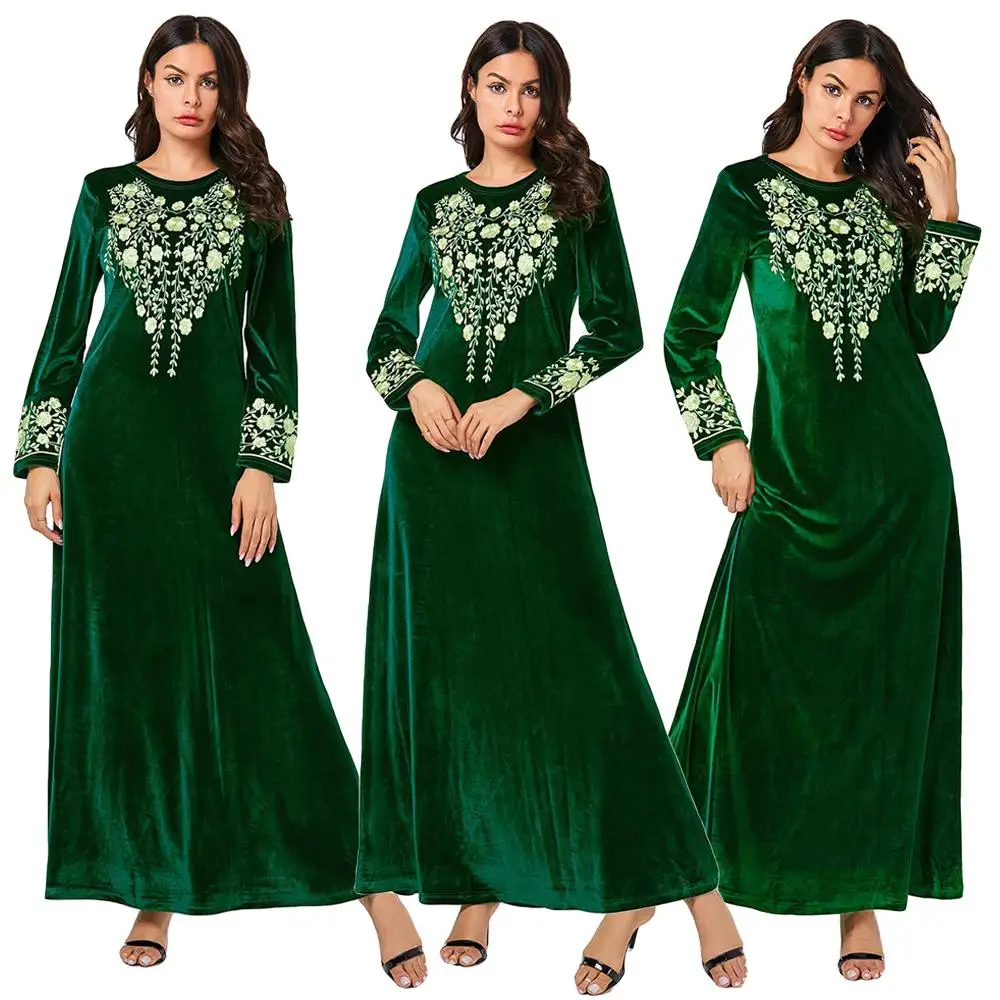 Дубайский мусульманский Женский Бархат abaya вышивка длинное обтягивающее платье кафтан Повседневная jilbaw Исламская одежда платье арабский халат Мода Новинка