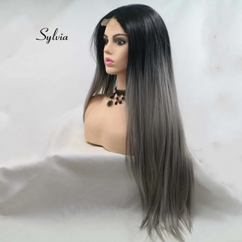 Sylvia натуральный черный до серый два тона Омбре длинные шелковистые прямые волосы U часть синтетические парики шнурка Жаростойкие Волокна волос парик