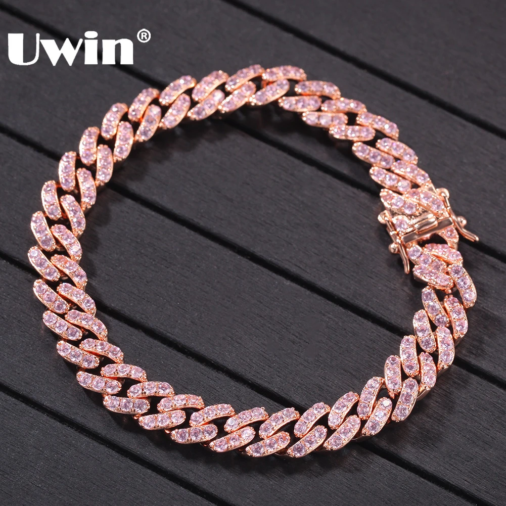 

UWIN браслет из розового золота с кубинскими звеньями, 9 мм, Ледяной Розовый кубический цирконий, мужские и женские браслеты, модные хип-хоп юв...