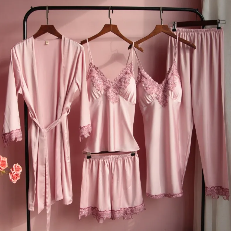 

Ice Silk Embroidery Robe&Nighty Sets 5PCS Sexy Lace Kimono Gown Strap Nightgown Full Pants Pyjamas Suits Intimate New Bathrobe