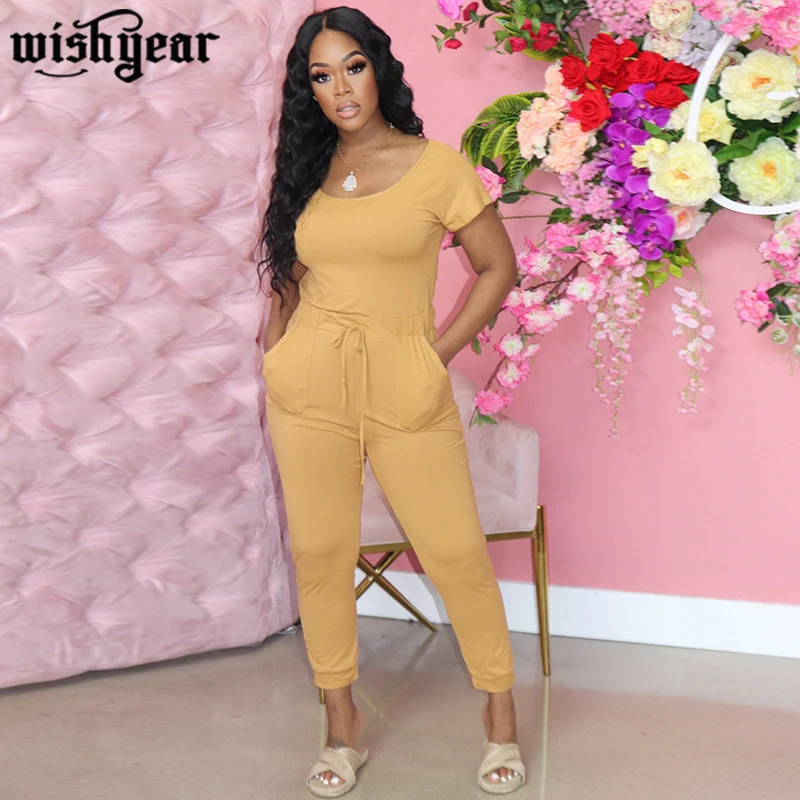 

Женский однотонный комбинезон с коротким рукавом и средней талией, со шнуровкой и брюками-карандаш, цельный комбинезон, летняя повседневна...