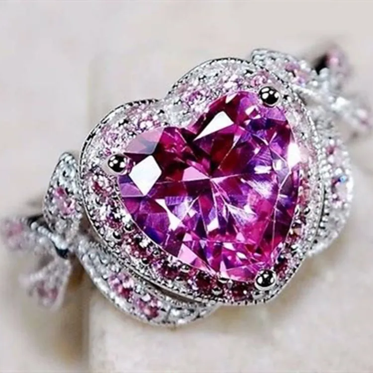

Charming Pink Heart Crystal Stone Rings for Women Romantic Wedding Party Anniversary Gift Silver Plated Zircon Ring Jewelry