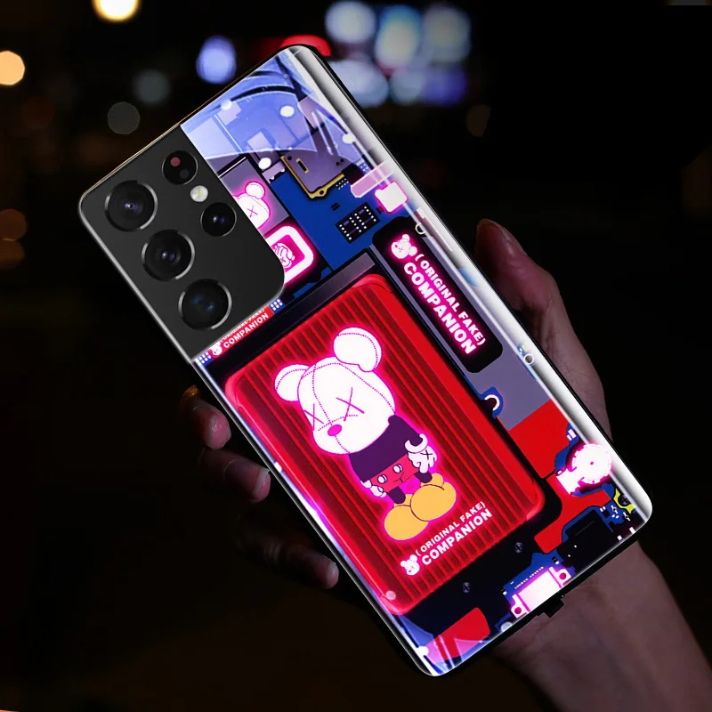 

LED Call Light Flash Up Glass Phone Case For Samsungs30plus s30 s21 s21ultra Smart Control Luminous Cartoon character Back Cover