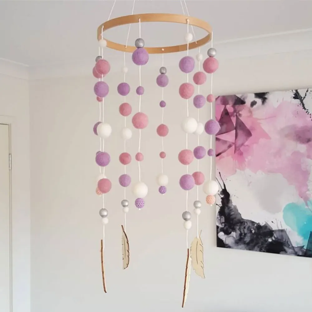 Durable Photo Props Beautiful Felt Ball Baby Gift Wooden Craft Handmade Kids Room Nursery Wind Chimes Decoration Bed Hanging |