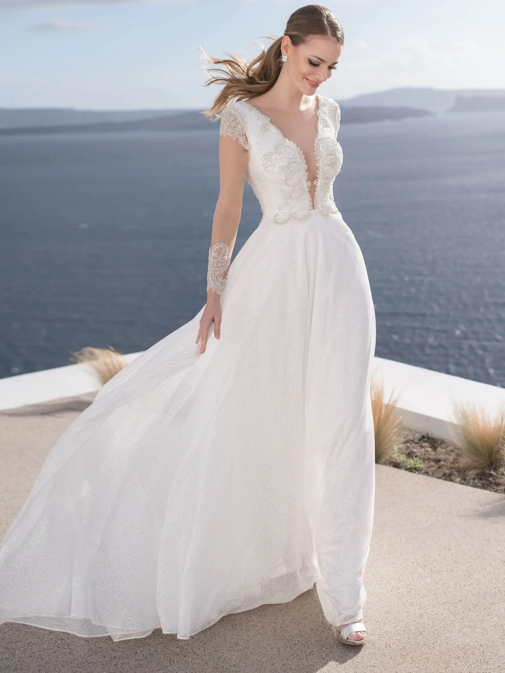 

New Fabulous Long Wedding Dress 2022 V-neck Long Sleeves Vestido novia A-Line Beading Tulel Bridal Gowns Robe de mariee
