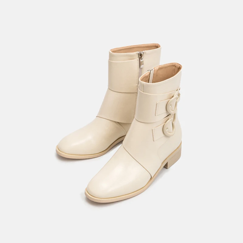 2021 Autumn Women's Boots Winter Plush Keep Warm Short Booties Girls Sweet Genuine Leather Beige Modern Martin Boots Botas Mujer