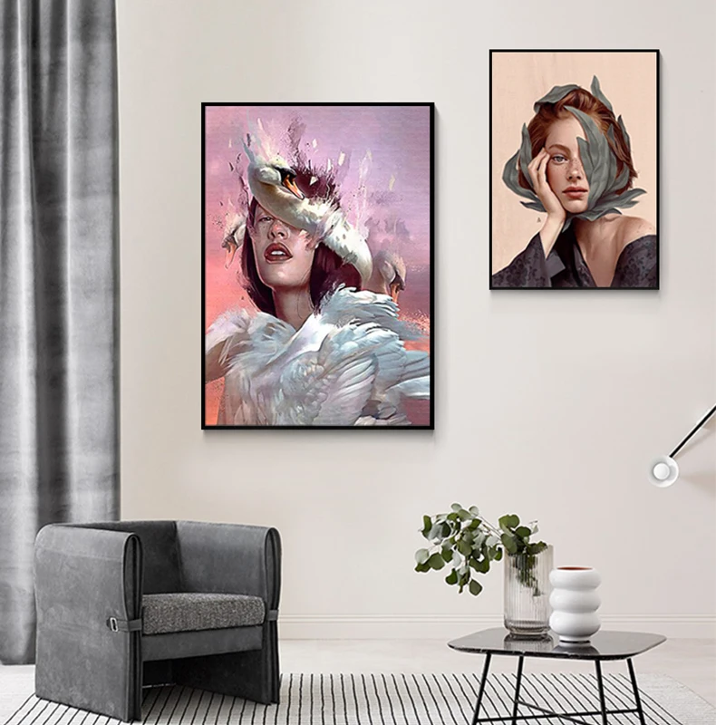 

Canvas Painting Woman Wall Art Bird Leaf Flowers Butterfly Poster and Prints Wall Pictures for Living Room Decoration Home Decor