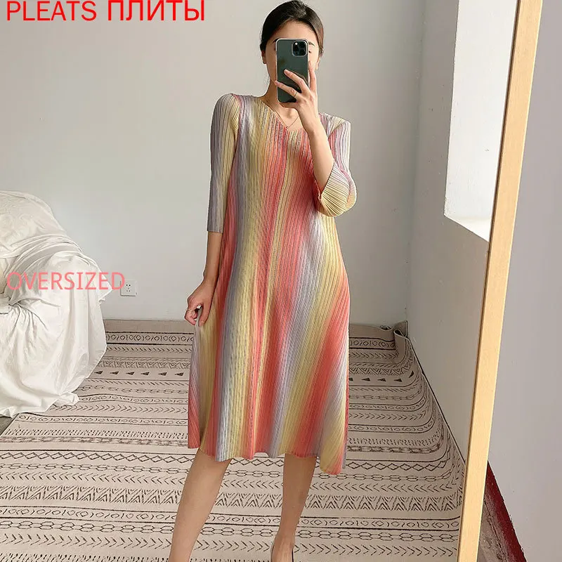 

Женское плиссированное платье Miyake, летнее, свободное, большого размера, в британском стиле, для снижения возраста