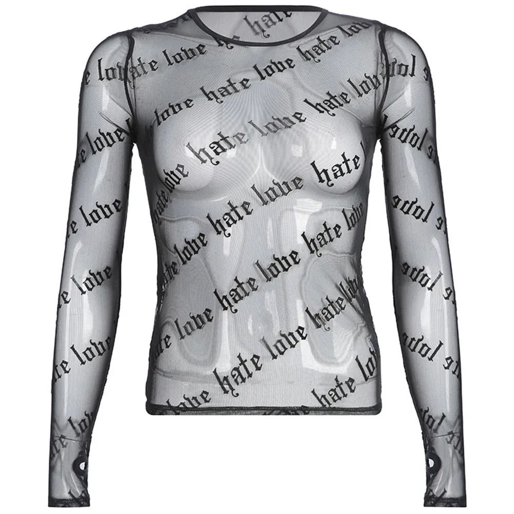 

Sexy Letter Mesh Top Transparent T-Shirt Women Tshirts Black Streetwear Goth T Shirt Long Sleeve Tops Tees Summer Shirt