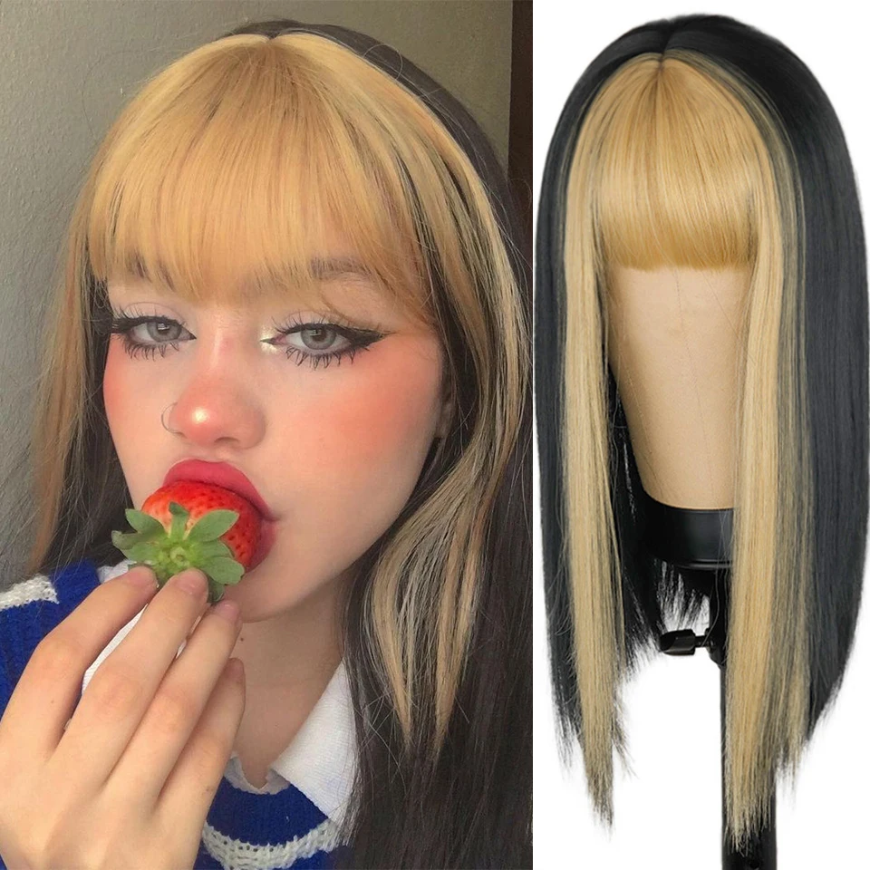 Reta para as Mulheres de Ambos os Lados Parte do Meio com Franja Resistente ao Calor Cosplay para Menina Voguesi Preto Longo Peruca Cabelo Dourado Ondulado