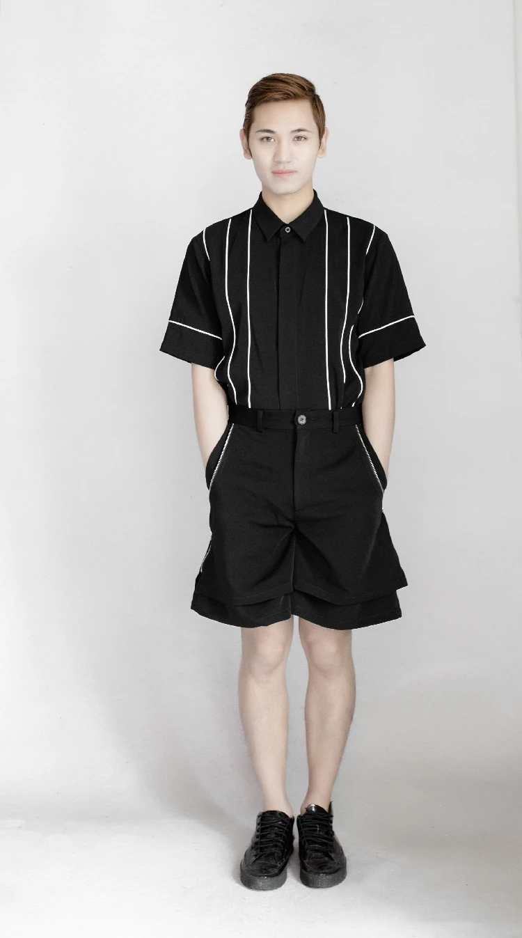 Мужские шорты на молнии с вышивкой широкими штанинами черные повседневные