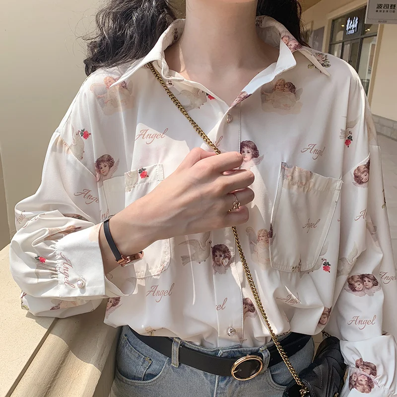 

Autumn Harajuku Angel Print Womens Shirt Vintage Chic Oversized Lantern Sleeve Female Clothe Preppy Style Causal Loose BF Blouse