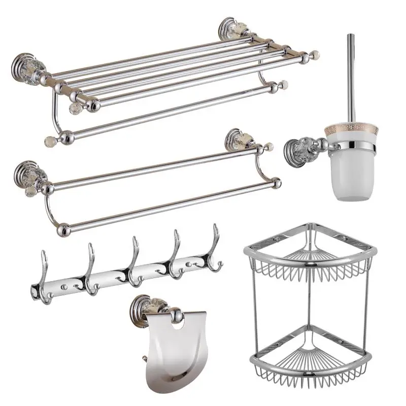 

Brass Shower Shelf Toilet Paper Holder Silver Crystal Wall Mounted Towel Bar Toilet Brush Holder Bathroom Accessories set