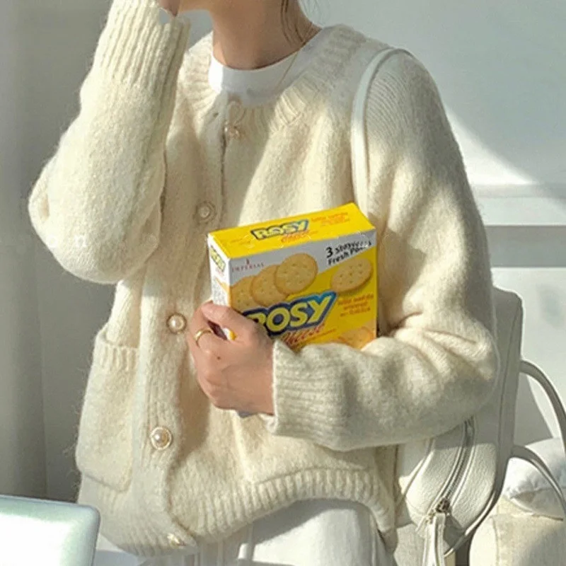 

Винтажный мягкий теплый свободный Женский вязаный кардиган с круглым вырезом, элегантные однобортные женские свитера с длинным рукавом, то...