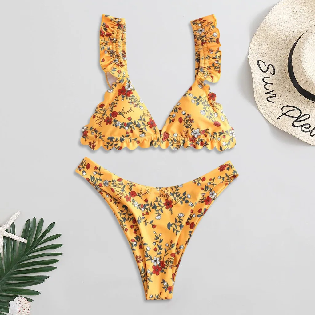 

Women Bandage Bikini 2pcs Set Push-up Animal Print Flower High Waist Beach Swimsuit bandeau Padded Bra Bathing Suit Swimwear