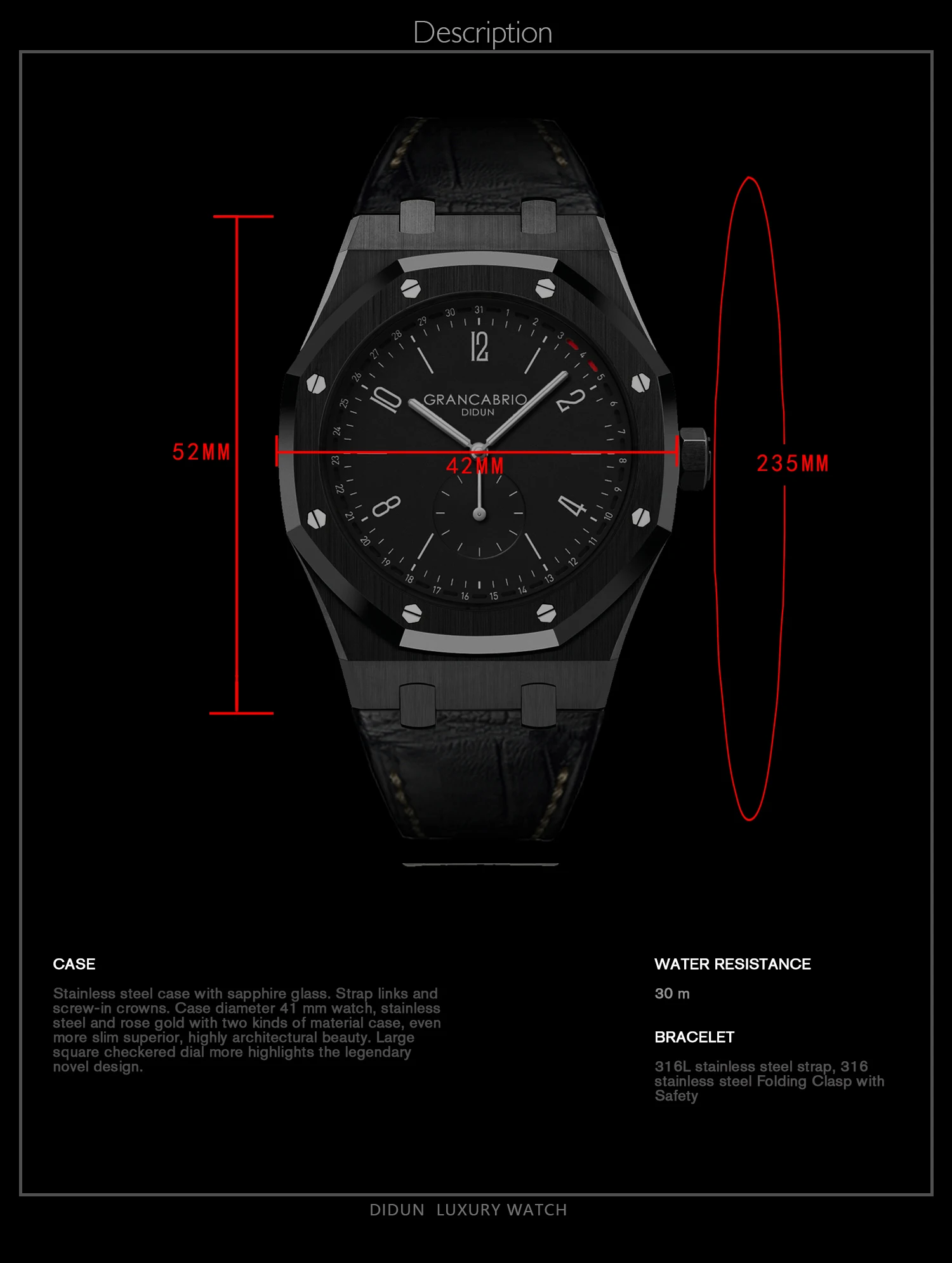 

DIDUN Men Top Brand Luxury Quartz Watch Rosegold Male Fashion Business Shockproof 30m Waterproof Wristwatch