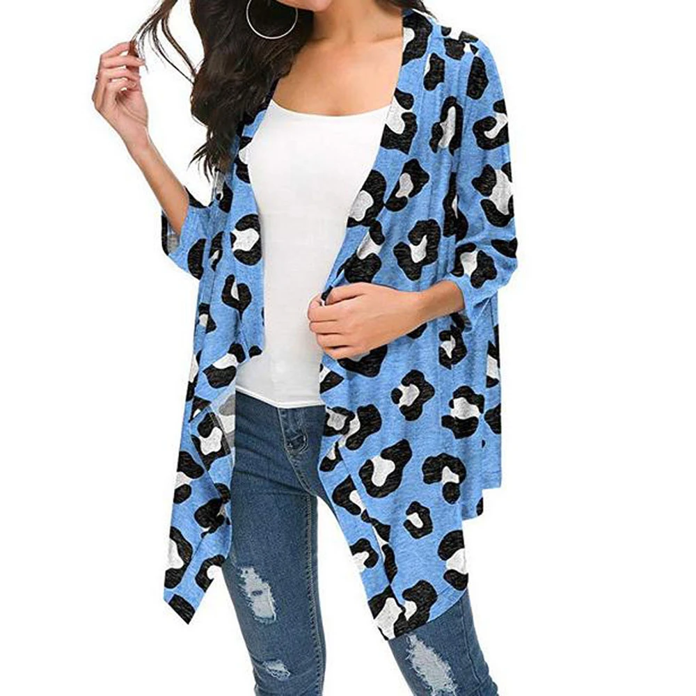 

Casual Leopard Print Cardigan Women Tops Spring Autumn Fashion Long Sleeve Shawl Kimono Coat Woman Clothing Blue Blouses