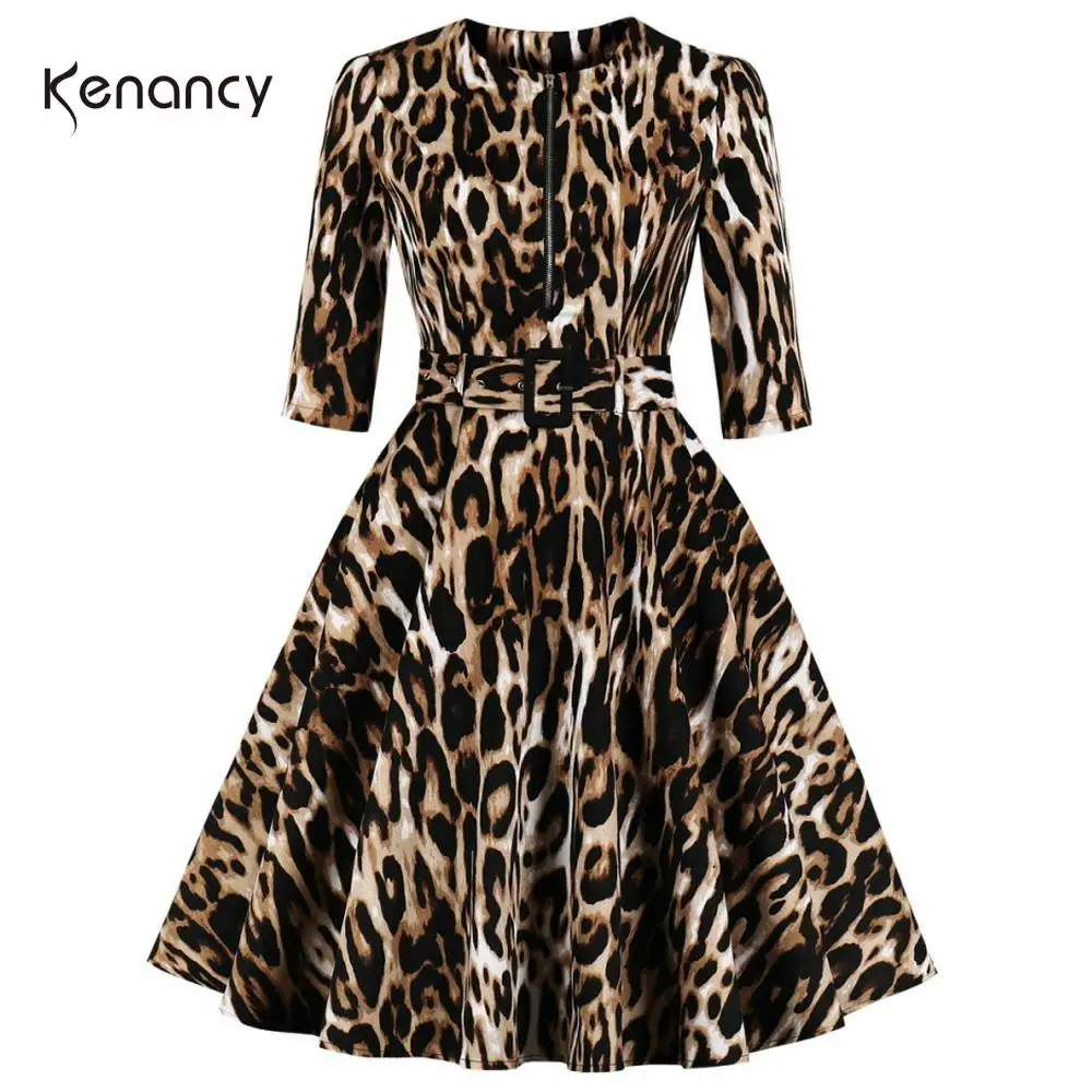 Kenancy зимнее женское платье с длинным рукавом повседневное леопардовое карманами
