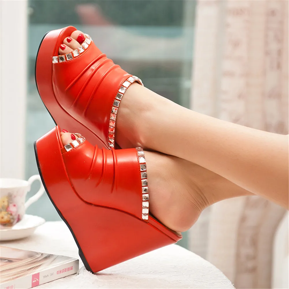 

Dilalula New Arrivals Dropship Large Size 32-43 Peep Toe Wedge High Heels Mules Ladies Pleated Summer Date Party Shoes Woman