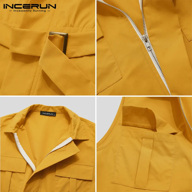 

INCERUN Fashion Men Jumpsuit Cargo Overalls Lapel Sleeveless Solid Color Pants With Belt 2021 Pockets Streetwear Casual Rompers