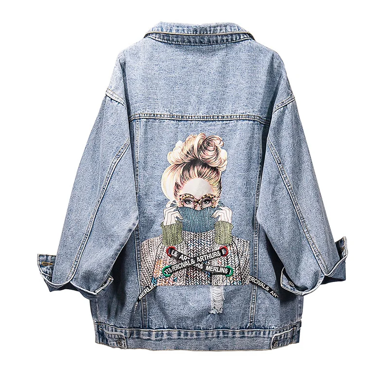 

2021 Spring Autumn Women's Fashion Pattern Oversized Denim Top Coat Women Jackets Blue Cropped Jeans Patchwork Vintage Jacket