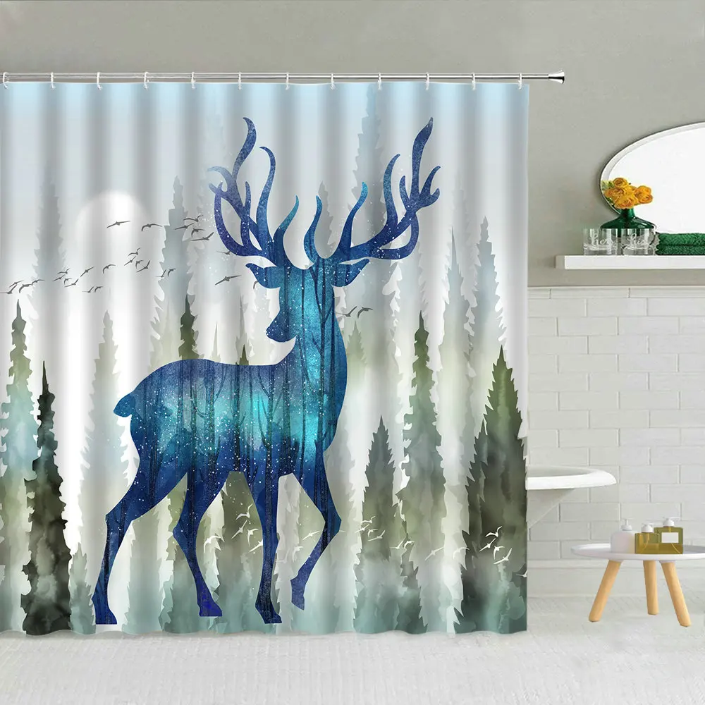 

Deer Shower Curtain Elk Misty Forest Flower Bird Butterfly Green Leaves Fruit Waterproof Fabric Curtains Set For Bathroom Decor