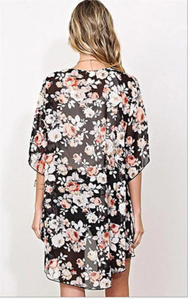 

women floral open front kimono kaftan beach swimsuit bikini cover up tops shirt