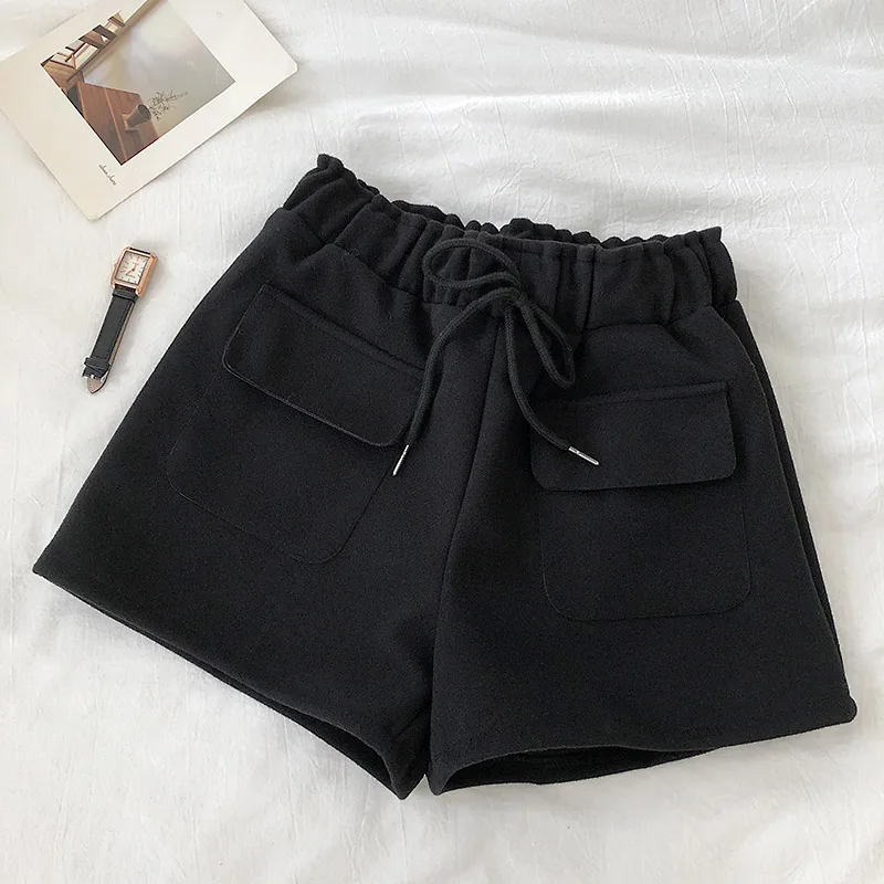 Зимние женские шорты с высокой талией свободные карманами шикарные двойными