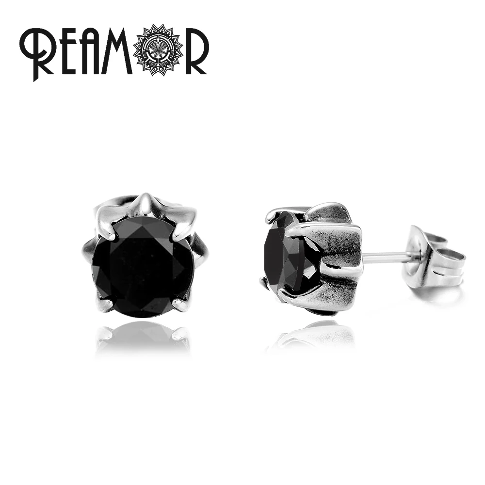 

REAMOR 1Pair 316l Stainless steel Stud Earrings Jewelry Simple Claw Setting Black Cubic Zircon Female Men Piercing Earrings Gift