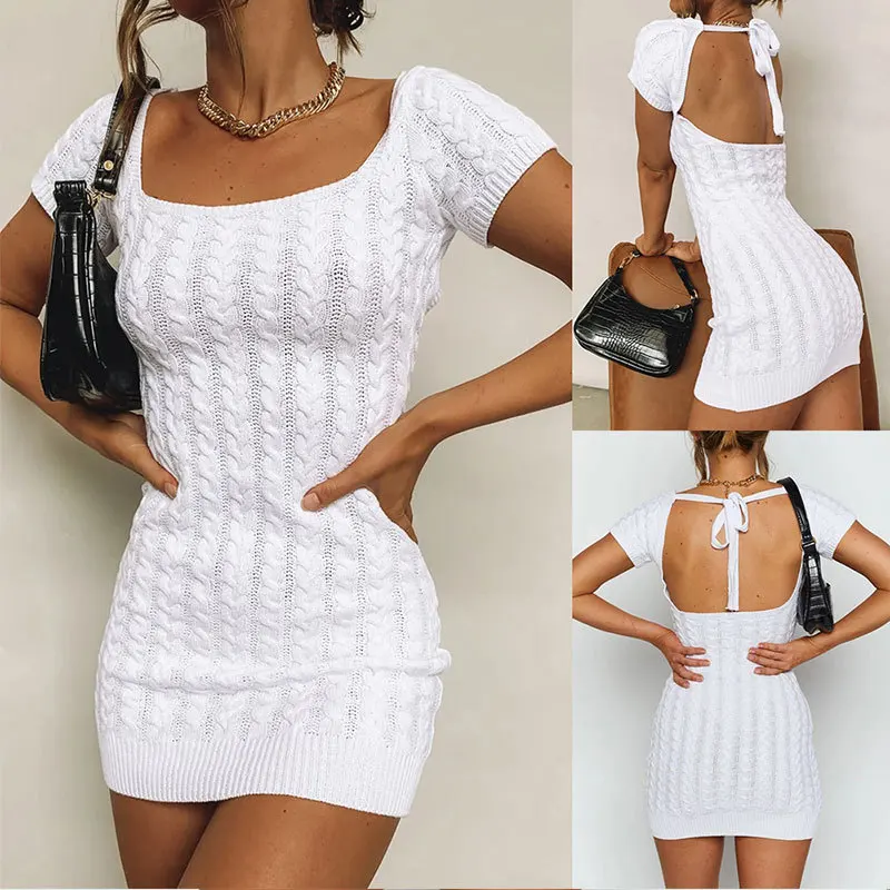 

Summer new knitted holiday A-Line dress for womens sexy square neck halter strap sweater dress short casual mini dress women