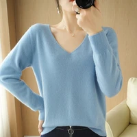 pure color sweater autumn winter low v neck temperament woolen sweater age reduction womens top basic knitted bottoming shirt