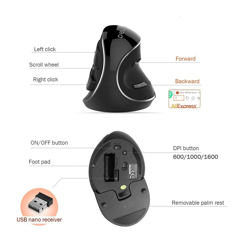 Вертикальная мышь Delux M618 плюс эргономичная Беспроводной компьютерная игровая USB