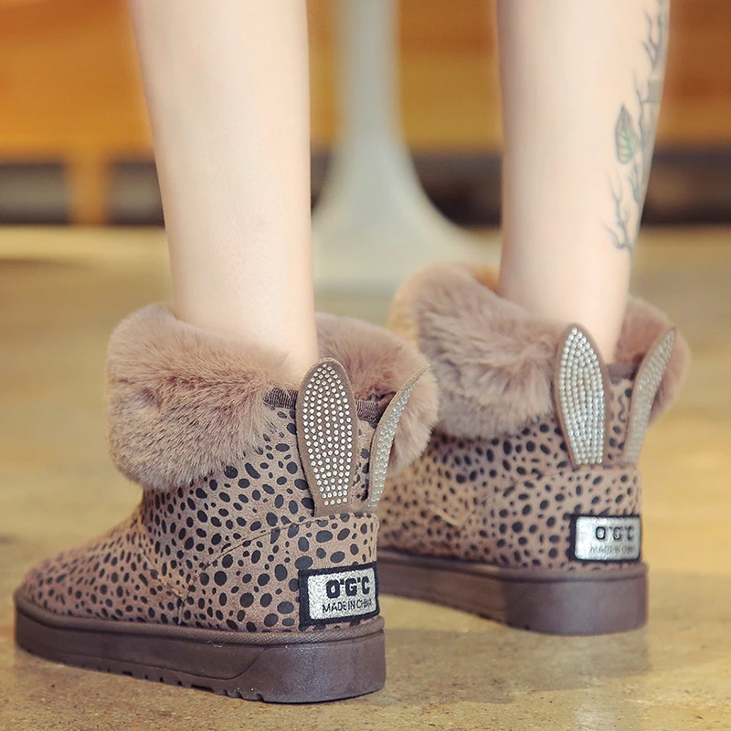 Женские теплые зимние ботинки с плюшевой подкладкой блестками и кроличьим мехом
