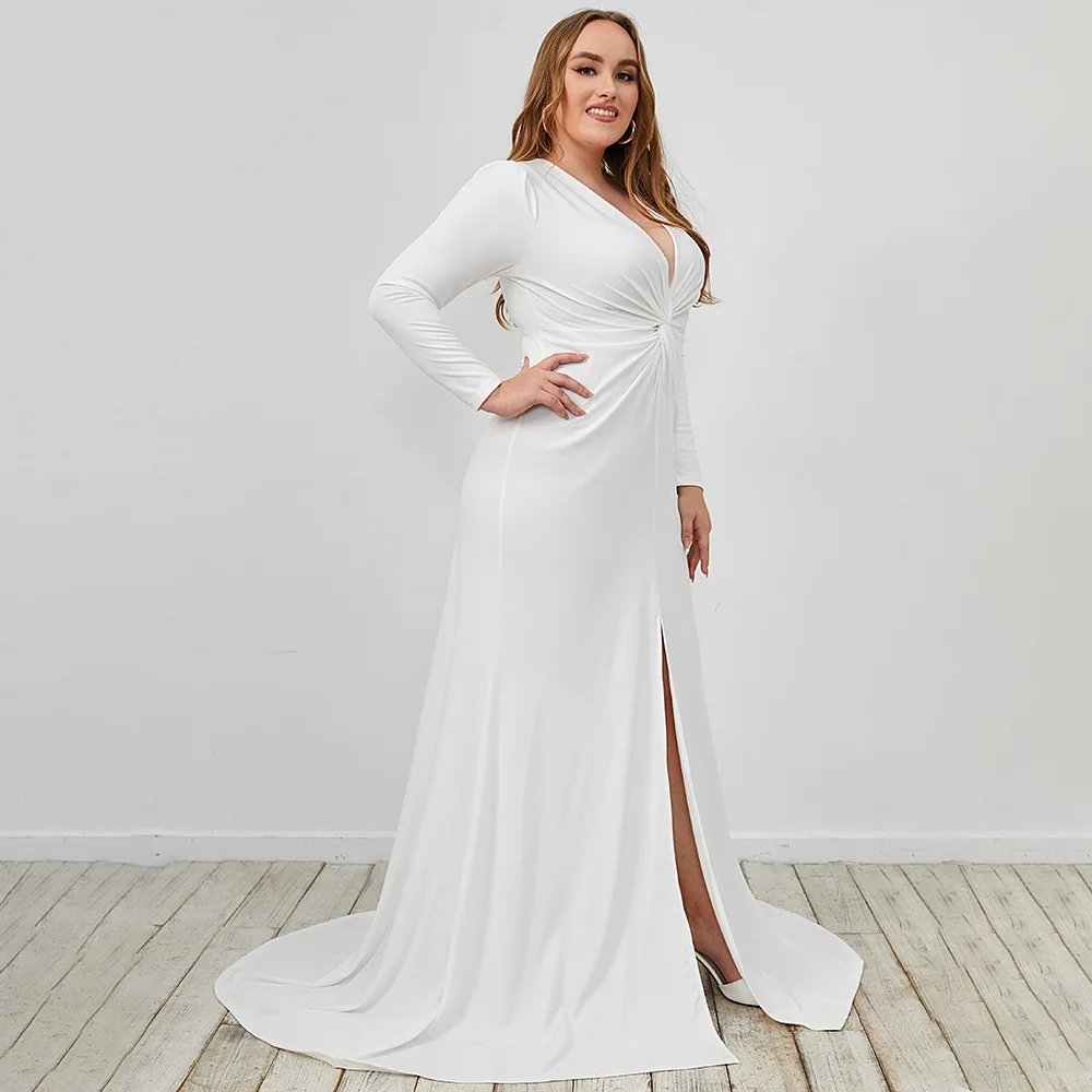 Elegant Sexy V Neck Slim-fit Plus Size Dress Autumn White Robe Long Sleeve Women Big Swing Maxi Dress Gowns 3xl 4xl Vestidos