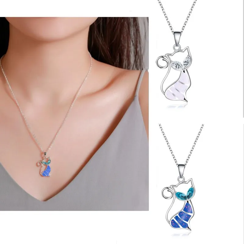 Женское ожерелье-цепочка серебряного цвета с подвеской в виде кошки | Украшения и