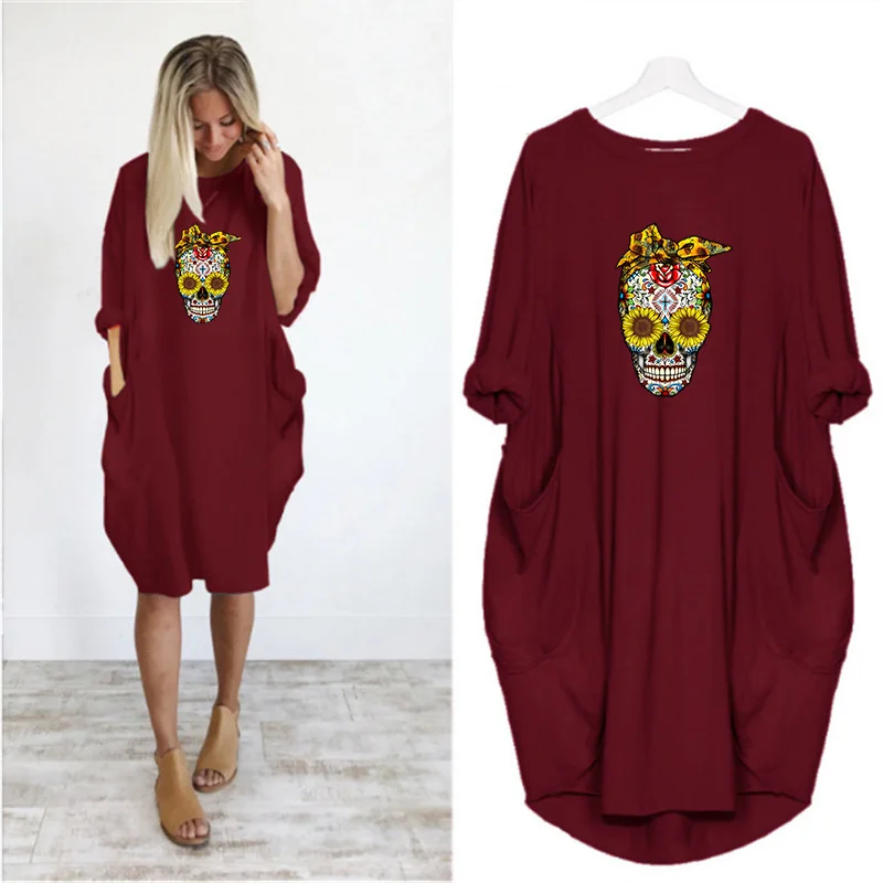 

2020 Women Fall Midi Dress Vintage Skull Print Loose Pocket Long Sleeve O Neck Vestidos Party Beach Woman 5XL Plus Size Dresses